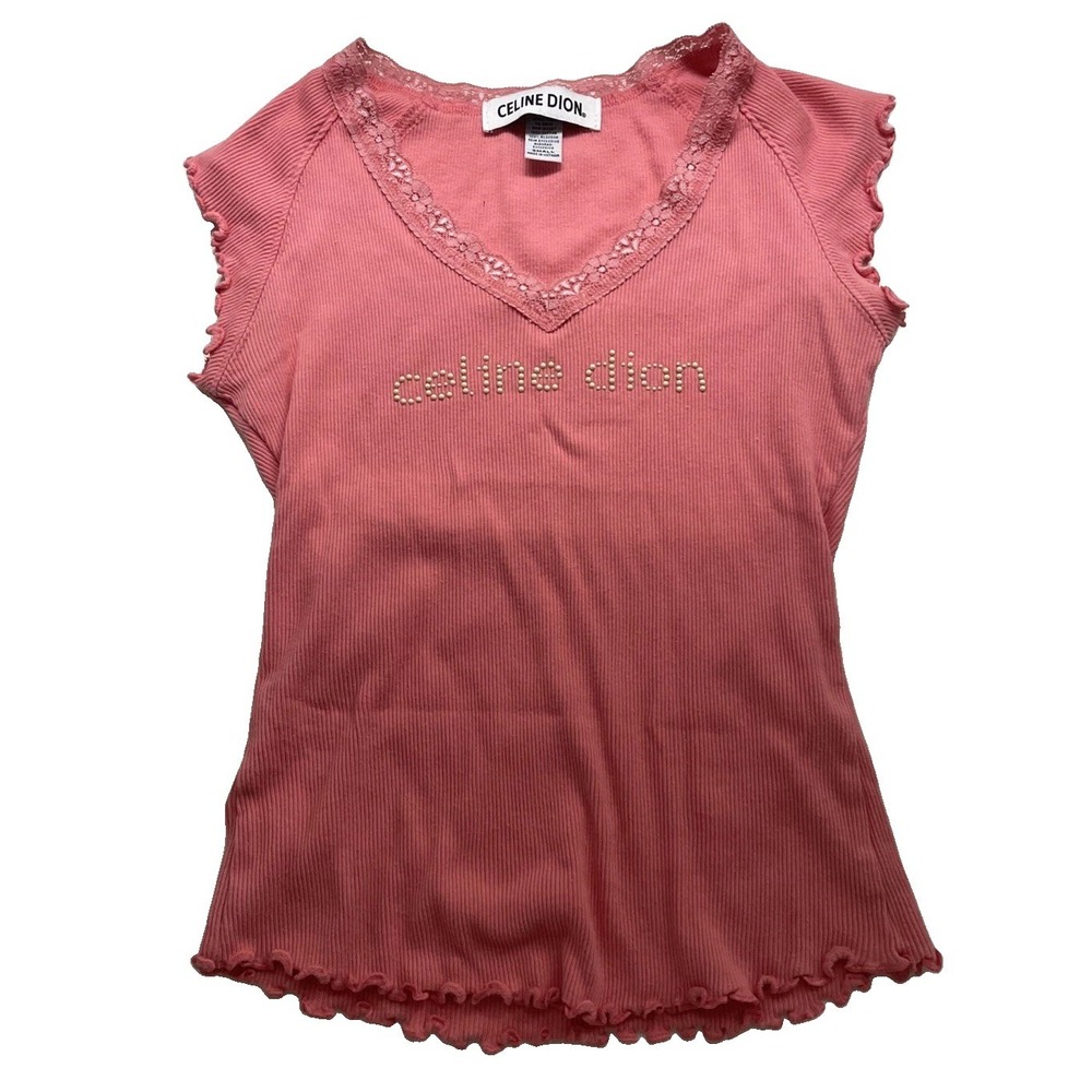 Y2K 100% Cotton Celine Dion Pink Fitted Ribbed Ruffle Lace Trim T-Shirt Tee